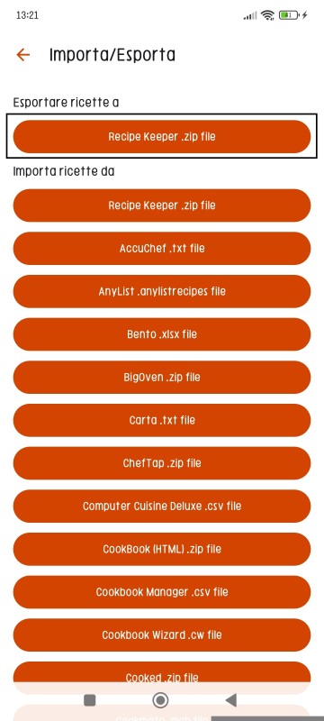 Export Recipes page of Recipe Keeper